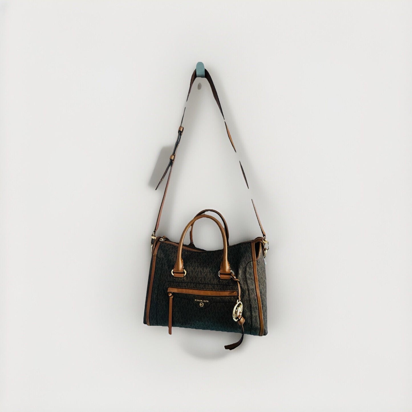 Michael Kors Carine Medium Brown Acorn Gold Satchel Handbag Handle MK Logo