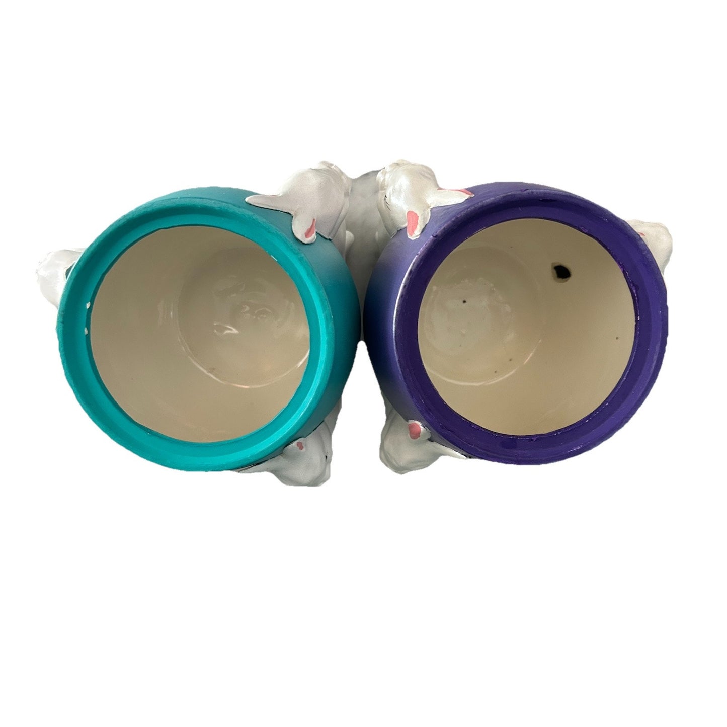 (2) 1960s Ceramic Easter Egg Candy Jar Hand Painted Bunnies Rabbits Purple Teal