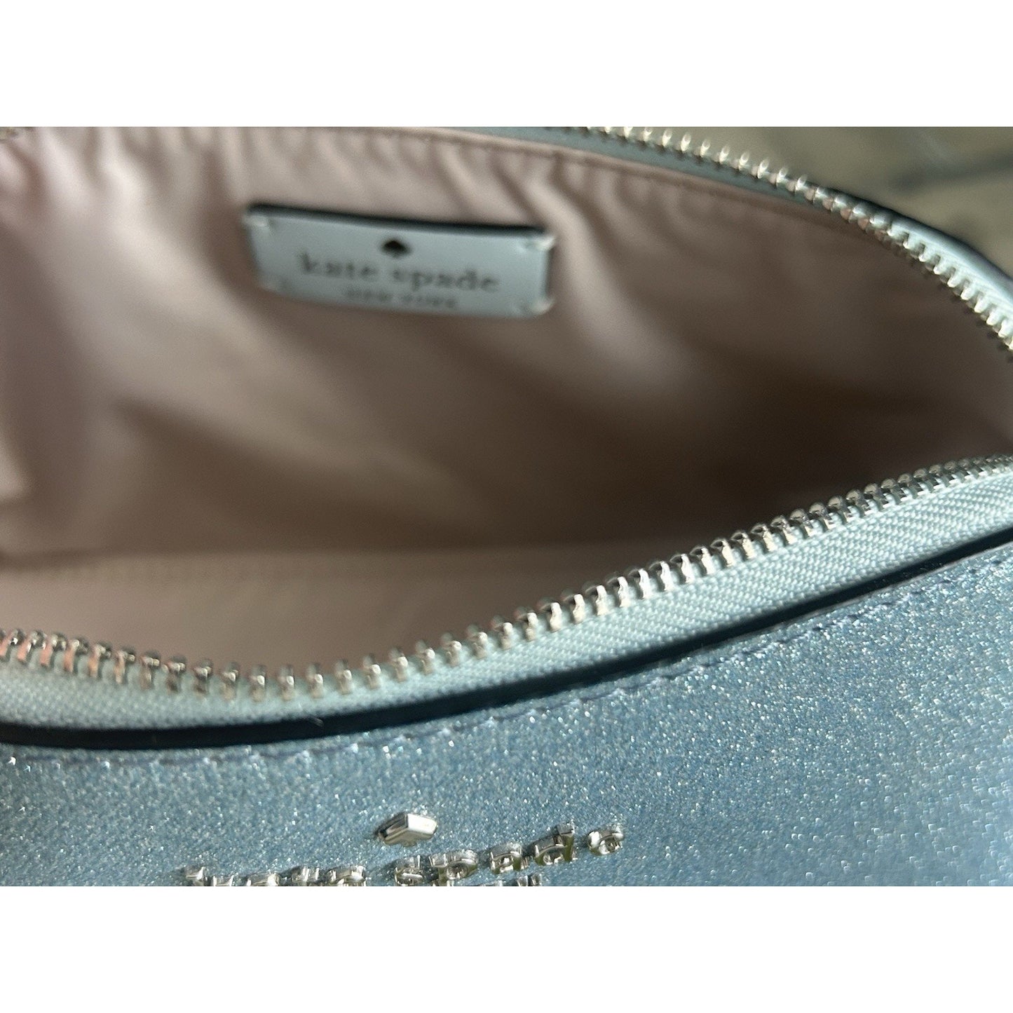 New Kate Spade Blue Tinsel Glitter Cosmetic Bag NWOT Powder Make-up Bathroom