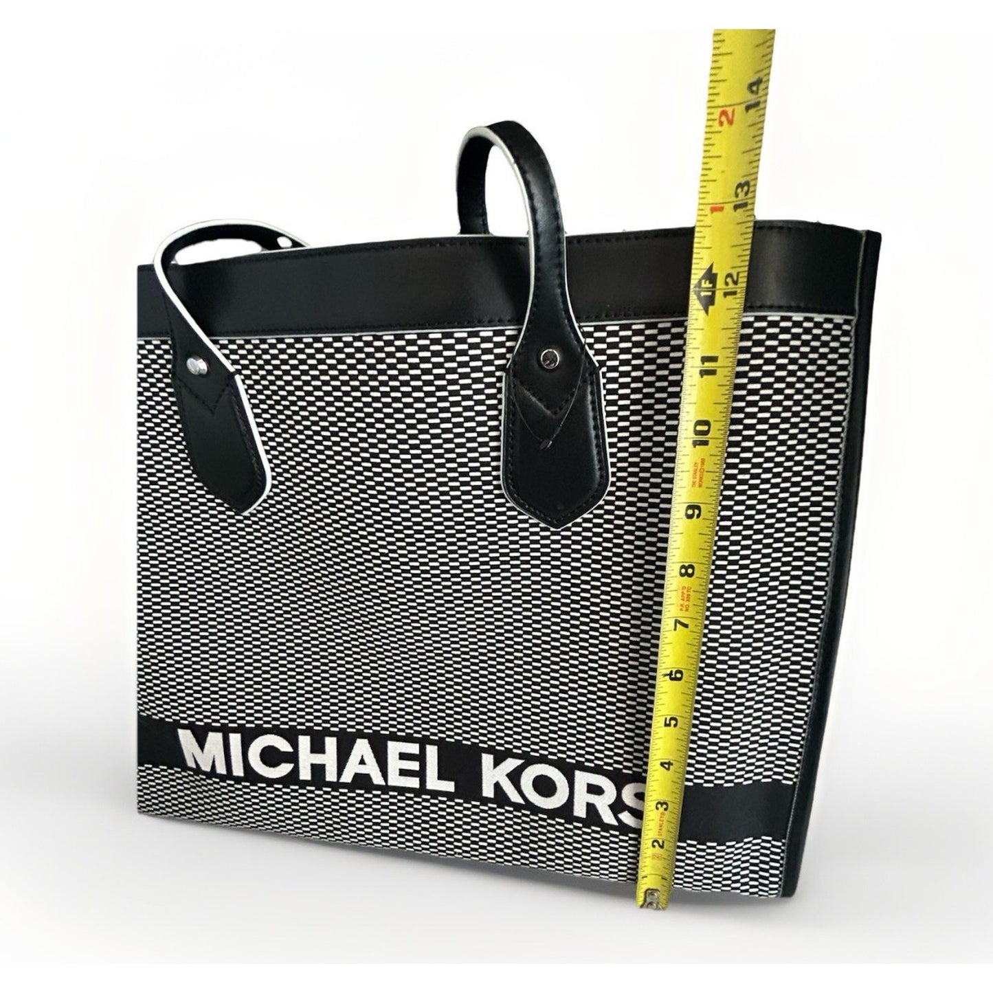 Michael Kors Bay Large Tote East West Woven Canvas Shoulder Black White Bag