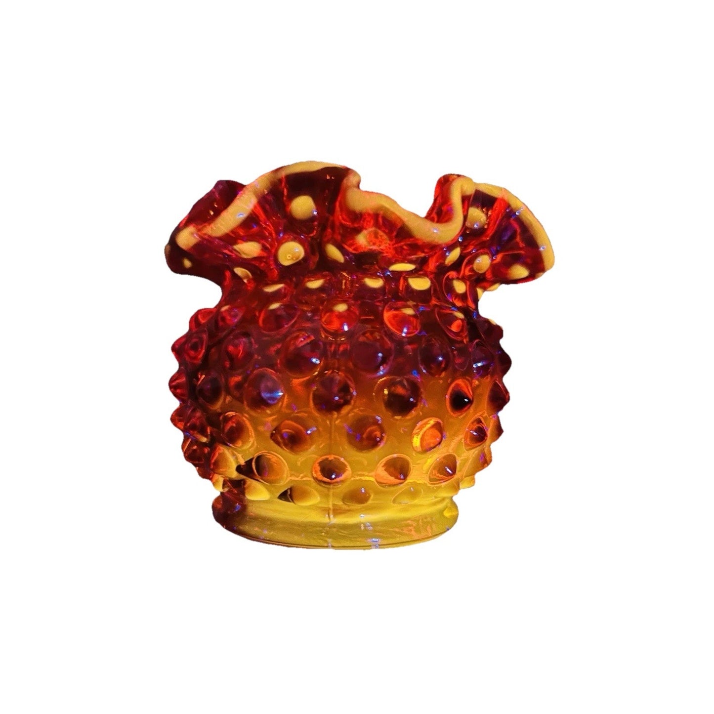 Fenton Amberina Hobnail Glows Small Rose Bowl Ruffle Crimped Orange Glass Vase
