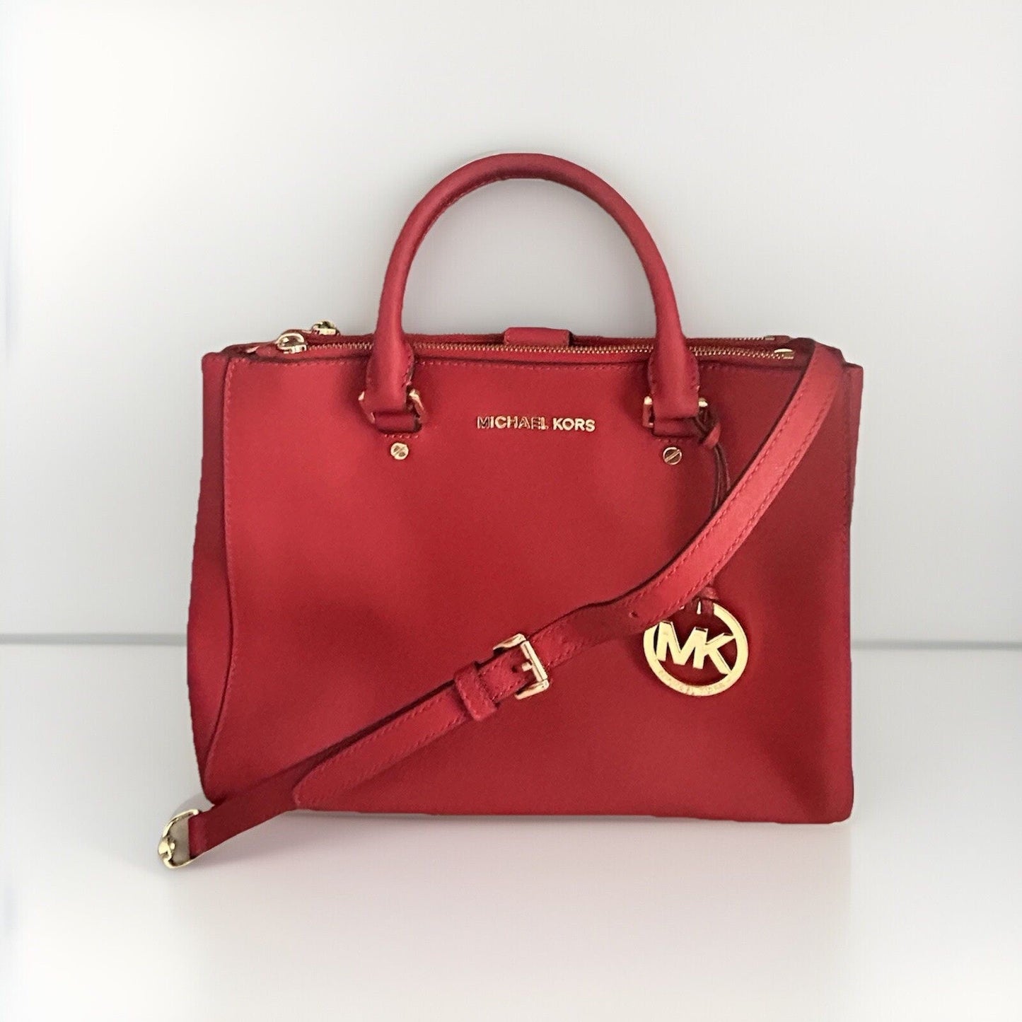 Michael Kors Sutton Red Satchel Saffiano Leather Structured Crossbody Bag MK 328