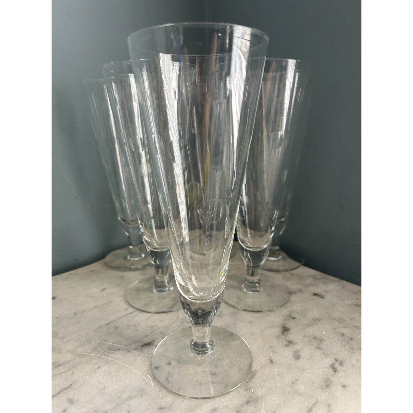 6 Hazel Arts Vintage Etched Polka Dot Champagne Glasses Pilsner Glass Coin