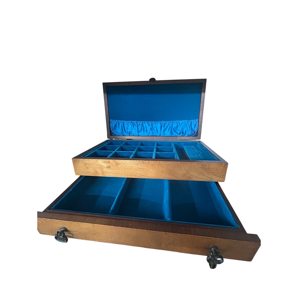 Wooden Jewelry Box 16” Drawers Ring Holder Teal Velvet Interior