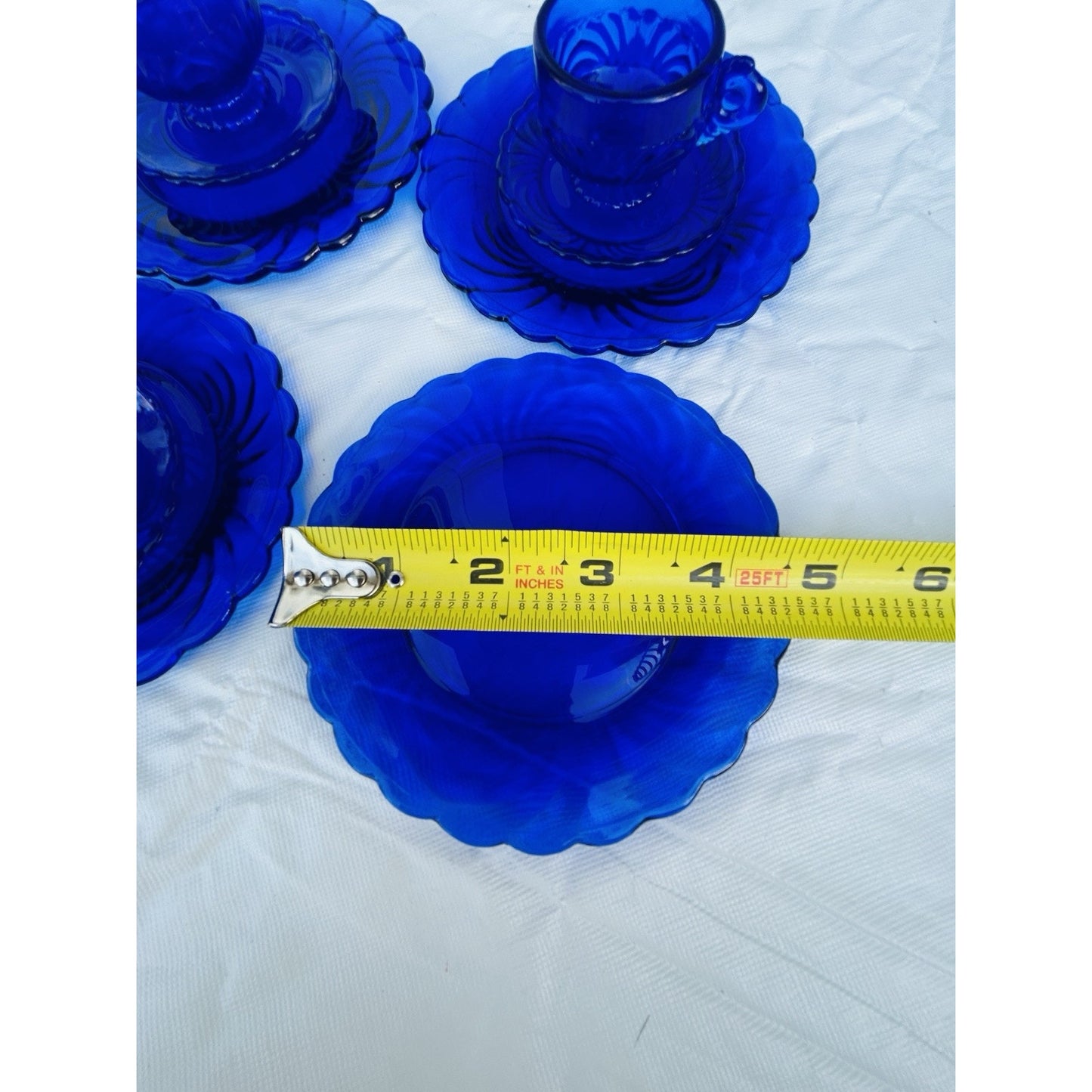 Vintage Doll Size Place Setting Cobalt Blue Glass 4 Plates 4 Teacups 4 Saucers