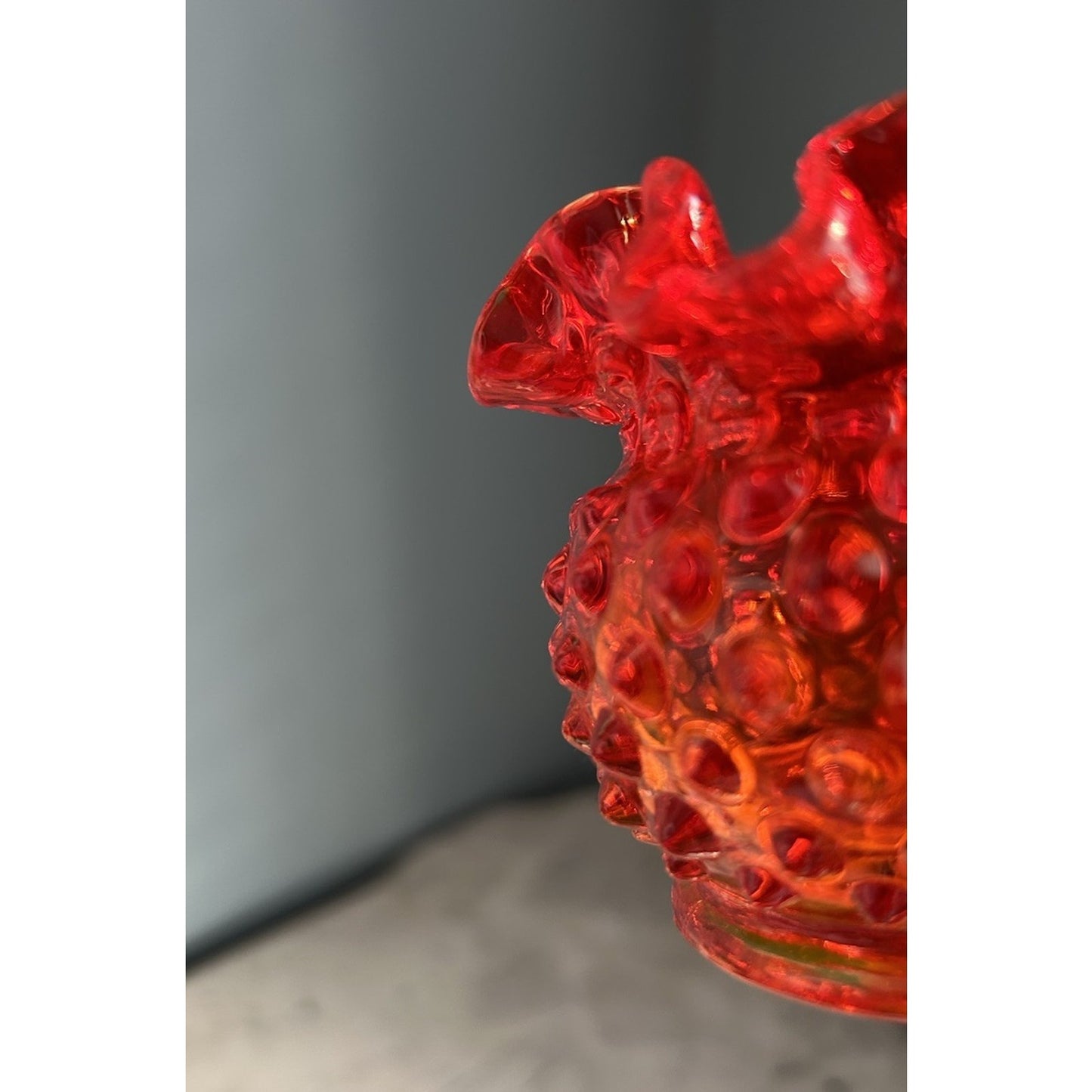 Fenton Amberina Hobnail Glows Small Rose Bowl Ruffle Crimped Orange Glass Vase