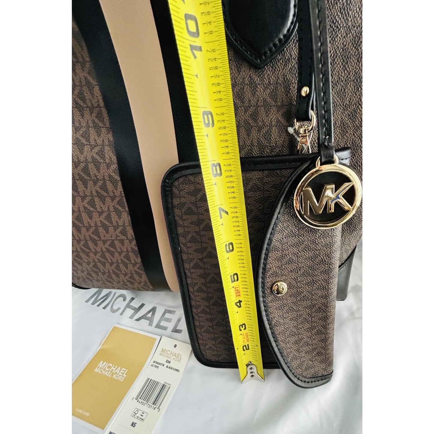 Michael Kors Eva Large Logo Stripe Tote Bag Plus Pouch Black Camel Laptop NWT