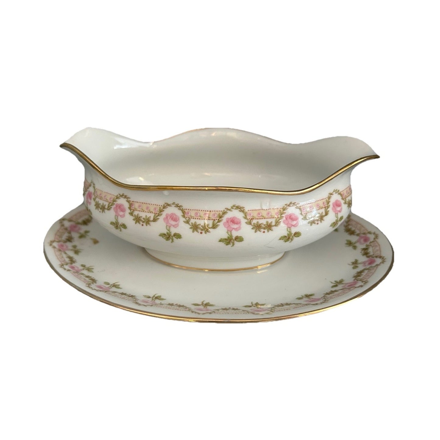Antique Limoges Wm Guerin & Co. GUE19 Pink Roses Gravy Boat attached Underplate