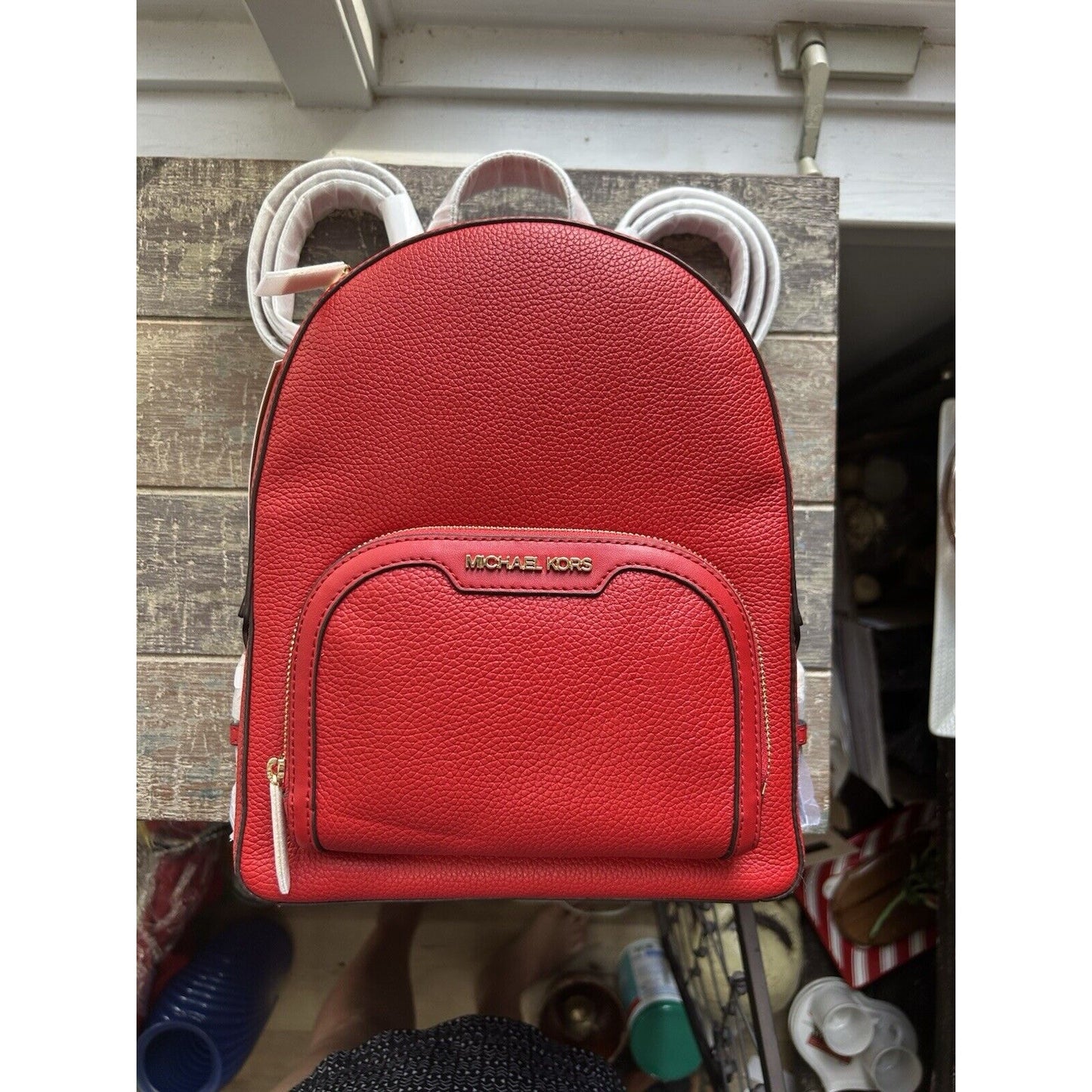 NWT Michael Kors Jaycee Medium Zip Pocket Backpack Leather Bright Red MSRP $498