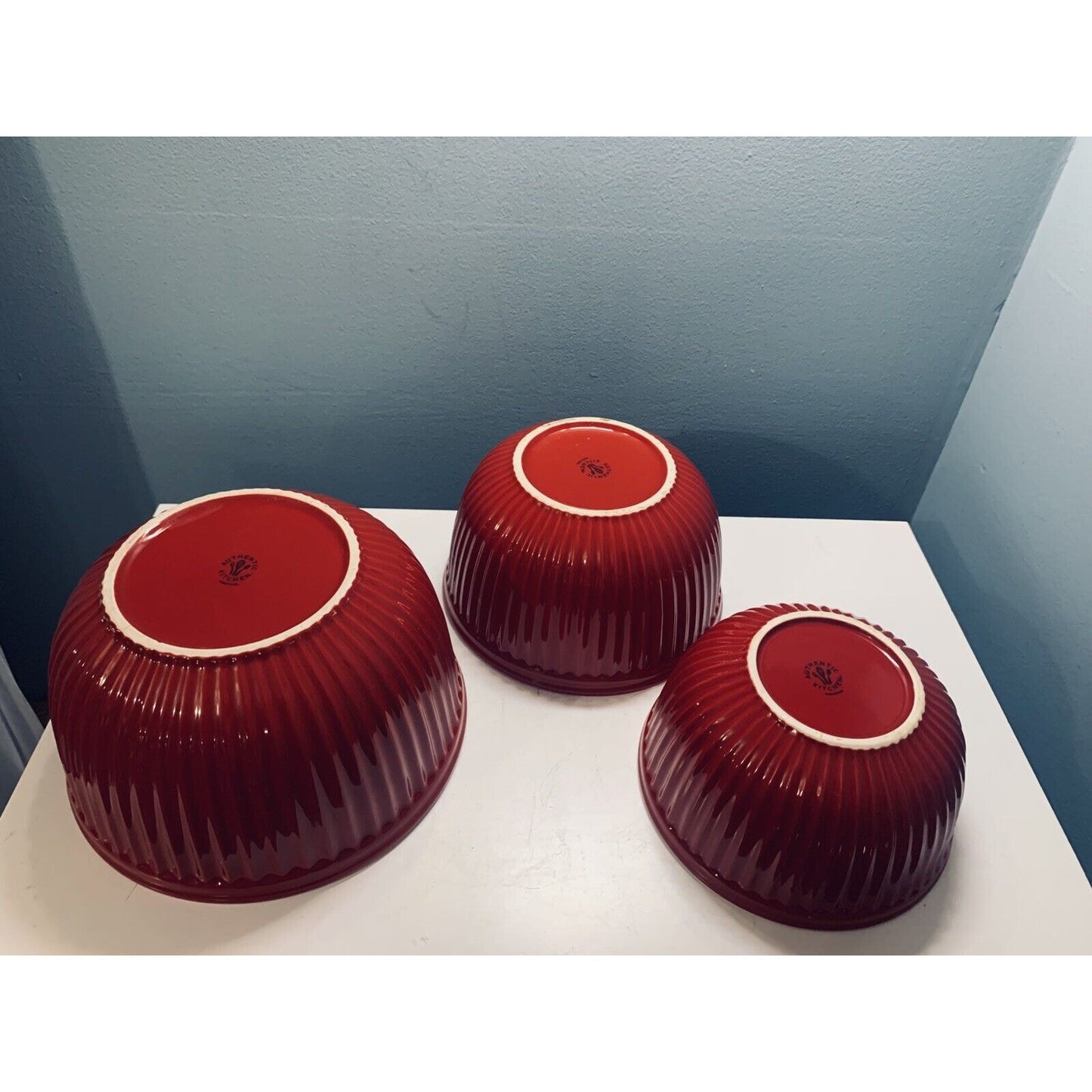 Authentic Kitchen Bright Red Nesting Mixing Bowls 3 Piece Set Heavy Solid