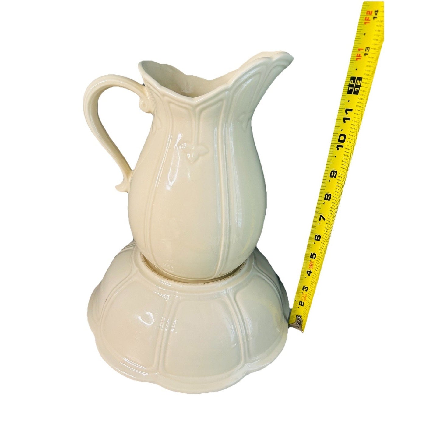 McCoy White Ironstone Pitcher Bowl # 7529 Ribbed & Flower Design Vintage USA