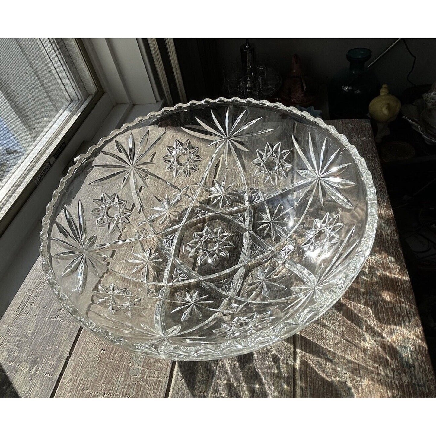 Vintage Anchor Hocking Clear Cut Glass Star of David Large 10.5” Serving Bowl