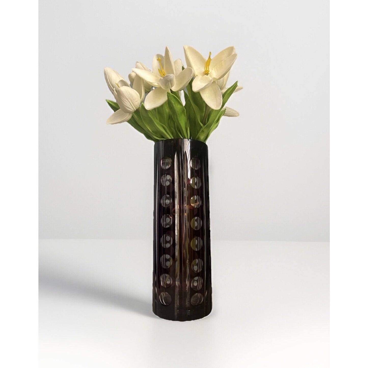 Vintage Purple Bohemian Tall Crystal Vase Amethyst 10” Tall Art Deco Geometric