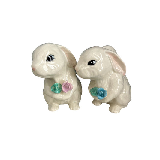 2 Vintage Glossy White Ceramic Sitting Bunny Rabbits Easter Decor Flowers 4.5” T