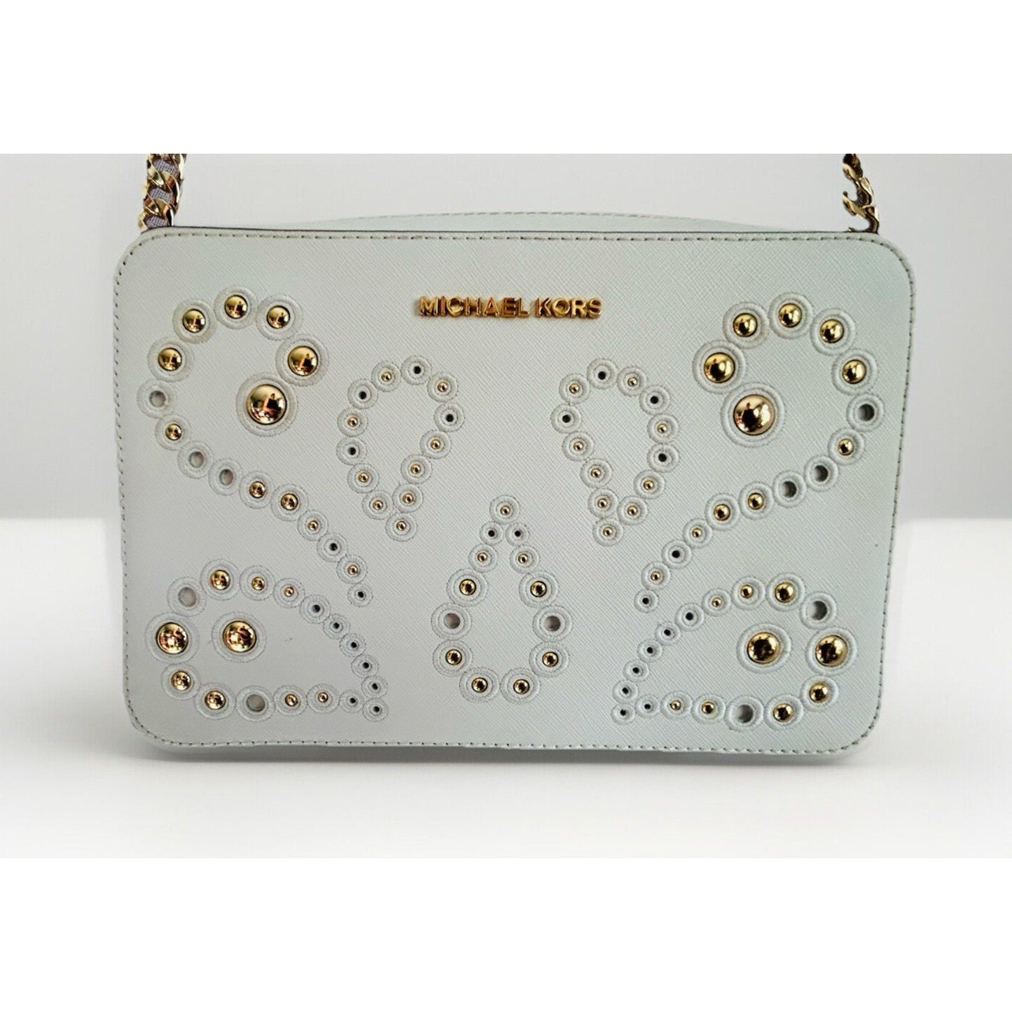 Michael Kors Ginny Leather Crossbody White Embellished Gold Studded Bag New