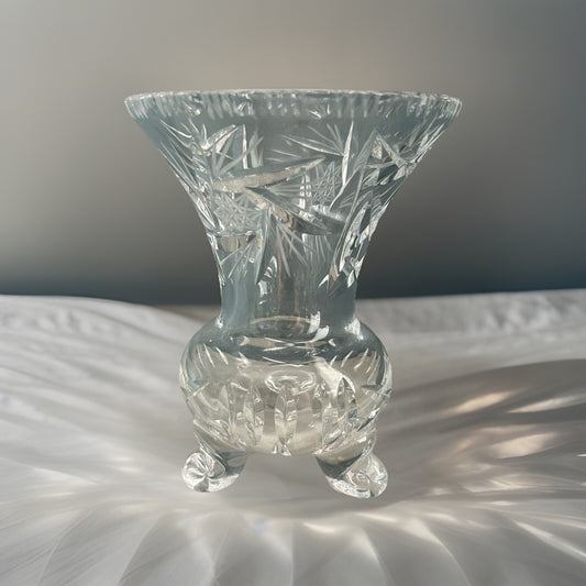 Vintage Bohemian Heavy Hand Cut 3 Footed Crystal Vase 5.75”H Clear Gift Feet