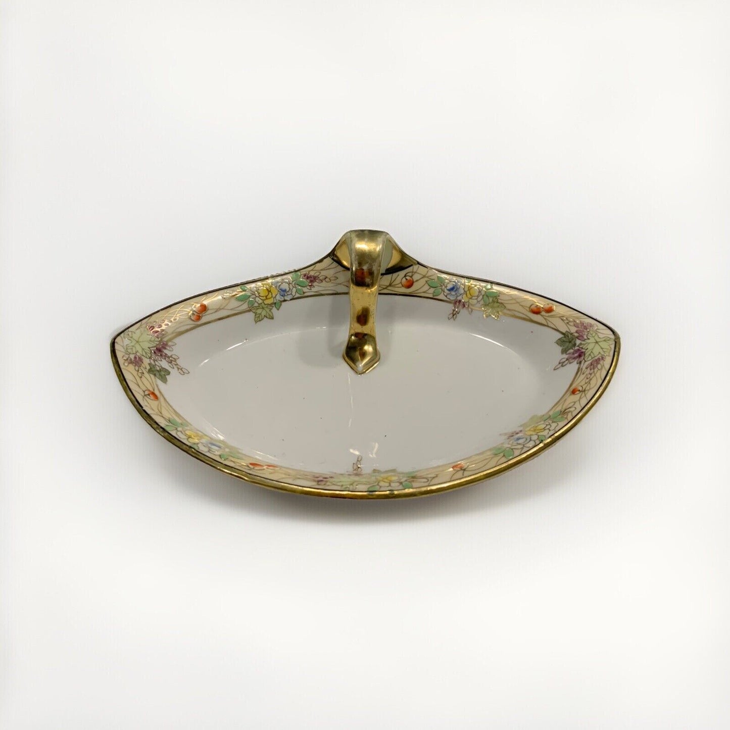 Vintage Nippon Hand Painted Divided Dish Tray w/ Finger Hole Handle Gold Flowers