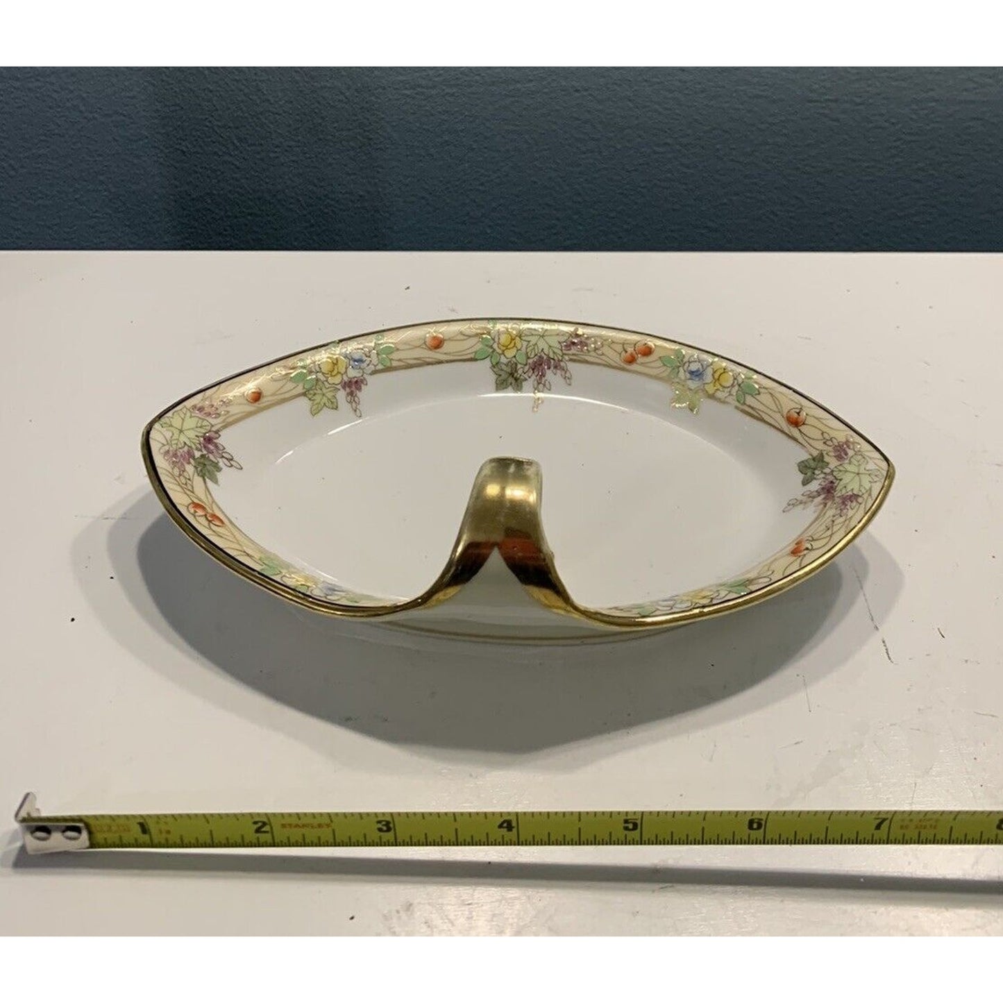 Vintage Nippon Hand Painted Divided Dish Tray w/ Finger Hole Handle Gold Flowers