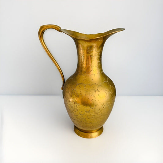 Vintage 11” Solid Brass Hand Etched Pitcher Made In India Patina Vase Home Decor