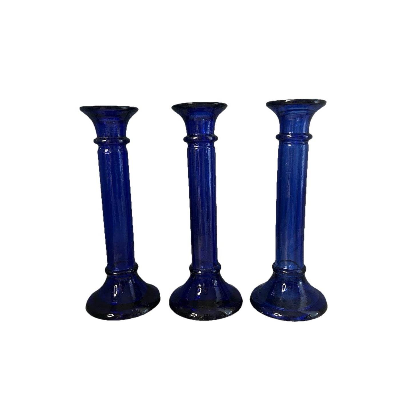 3 Vintage Pier 1 Imports Cobalt Blue Pillar Candle Holder or Vase Recycled Glass