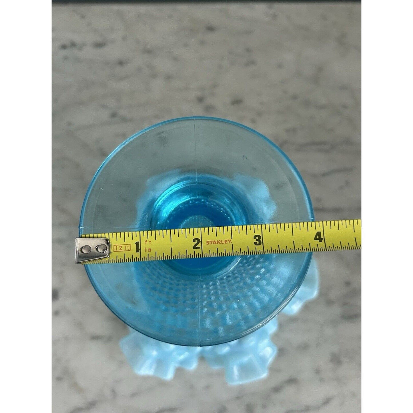 Vintage Fenton Aqua Blue Opalescent Glass Hobnail 8” Ruffled Cone Shaped Vase