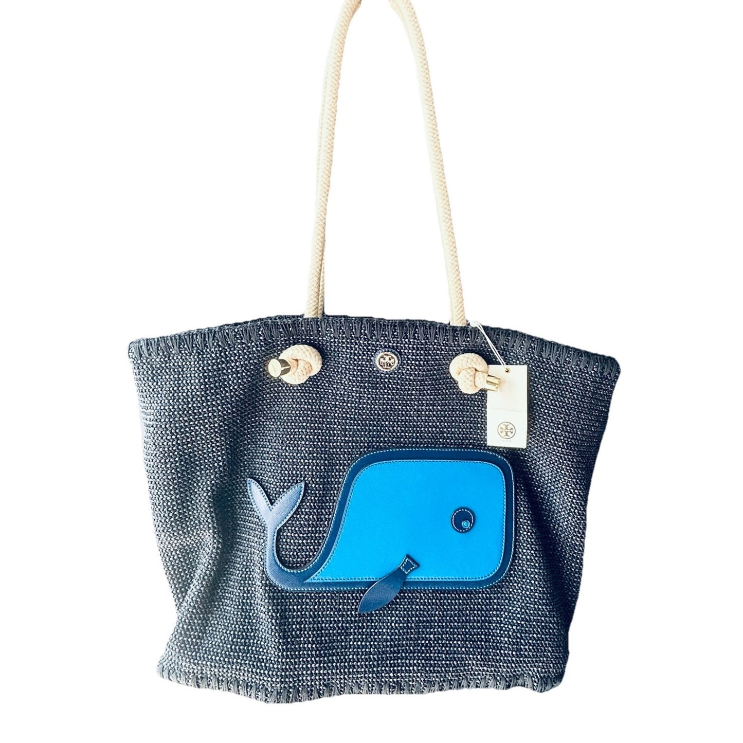 NWT Tory Burch Knotted Whale Tote Navy Blue Handbag Beach Pool Vacation Bag Rare