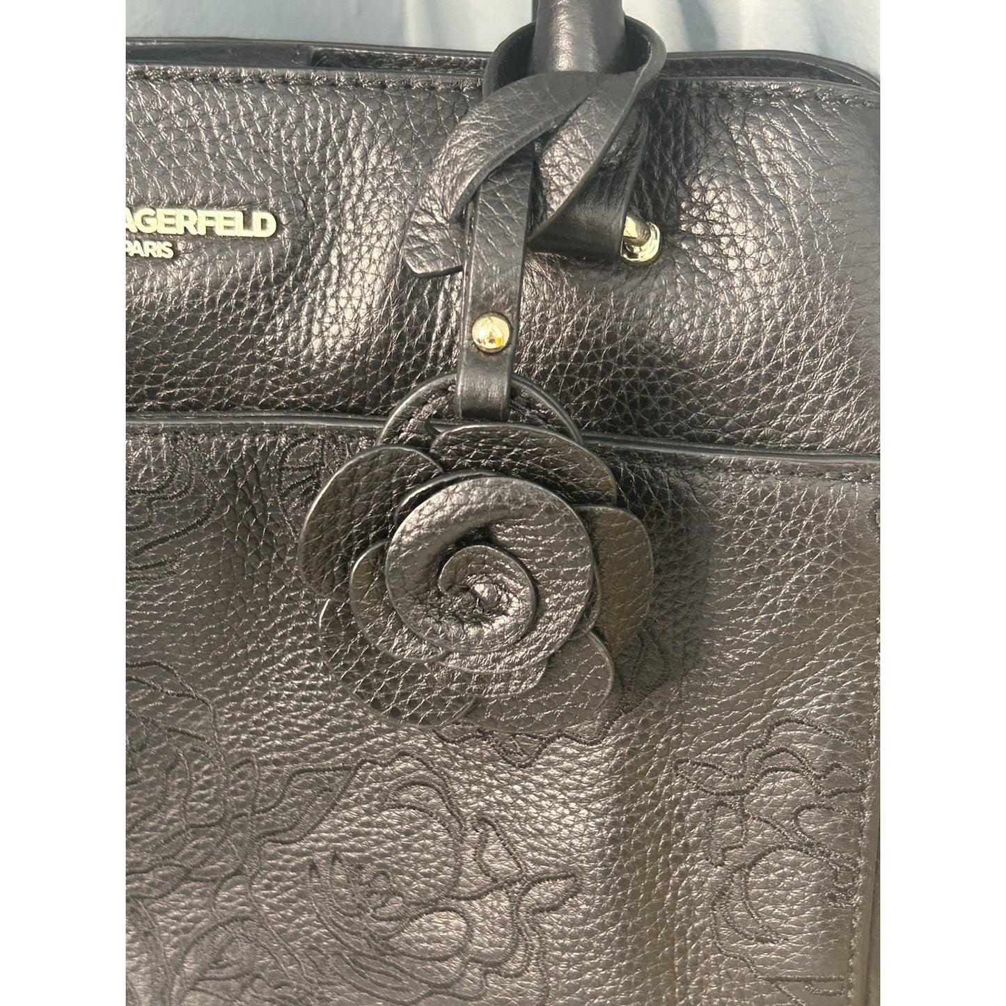 Karl Lagerfeld Black Leather Floral Stitched Bag Embroidered Flower Handbag Paris