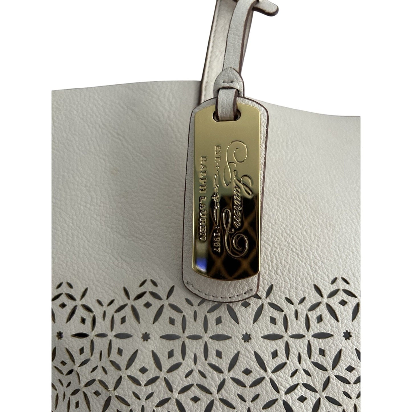Ralph Lauren Laser Cut Perforated Chantilly Classic Tote Bag & Clutch Ivory Read