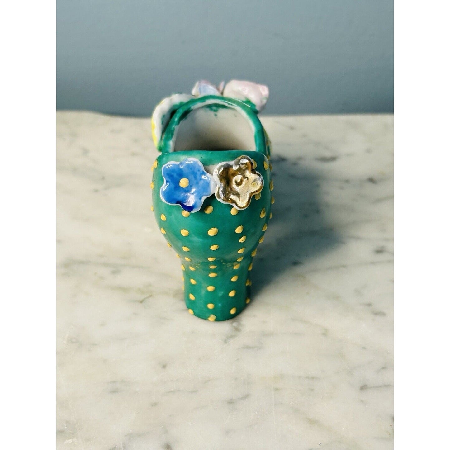 Vintage Hand Painted Shoe High Heel Polka Dots 3D Flowers Leaf Green 4" Japan