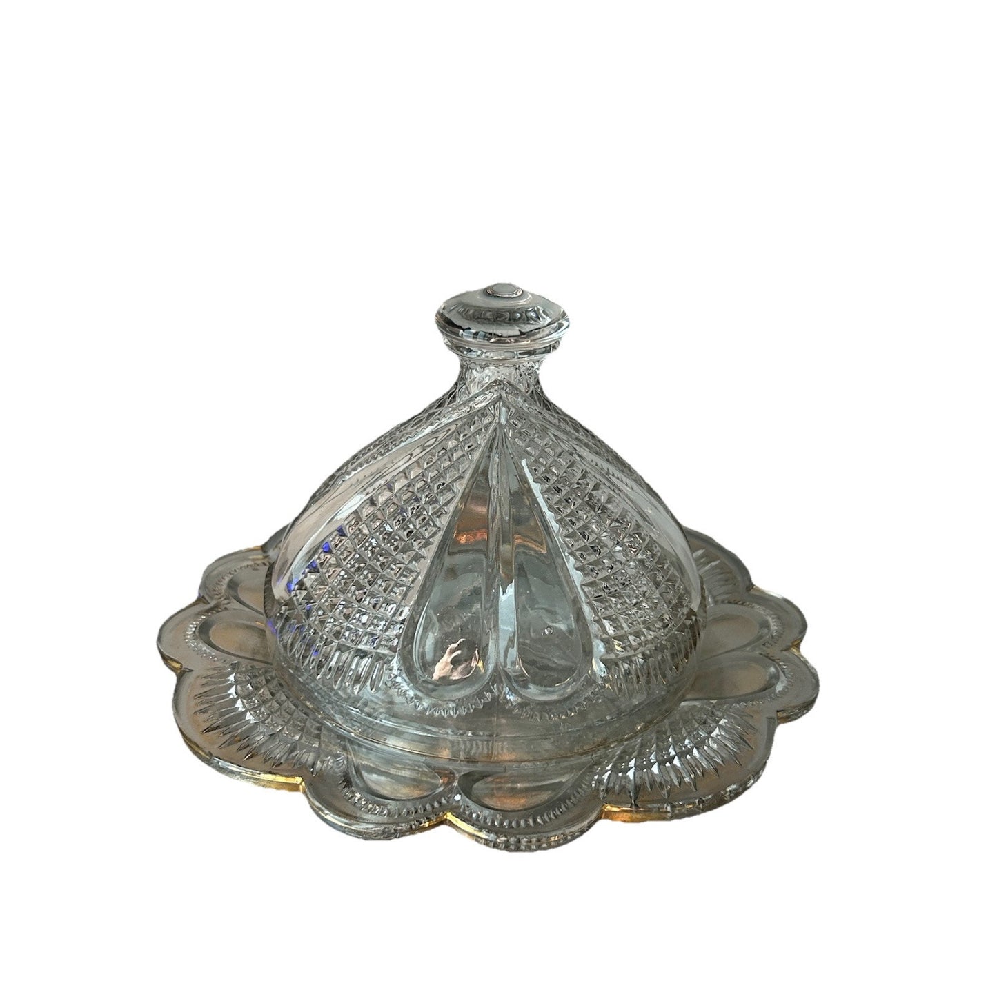 Vintage Gold Trim Glass Butter Dish Cheese Dome Cover 2pcs Covered Lid