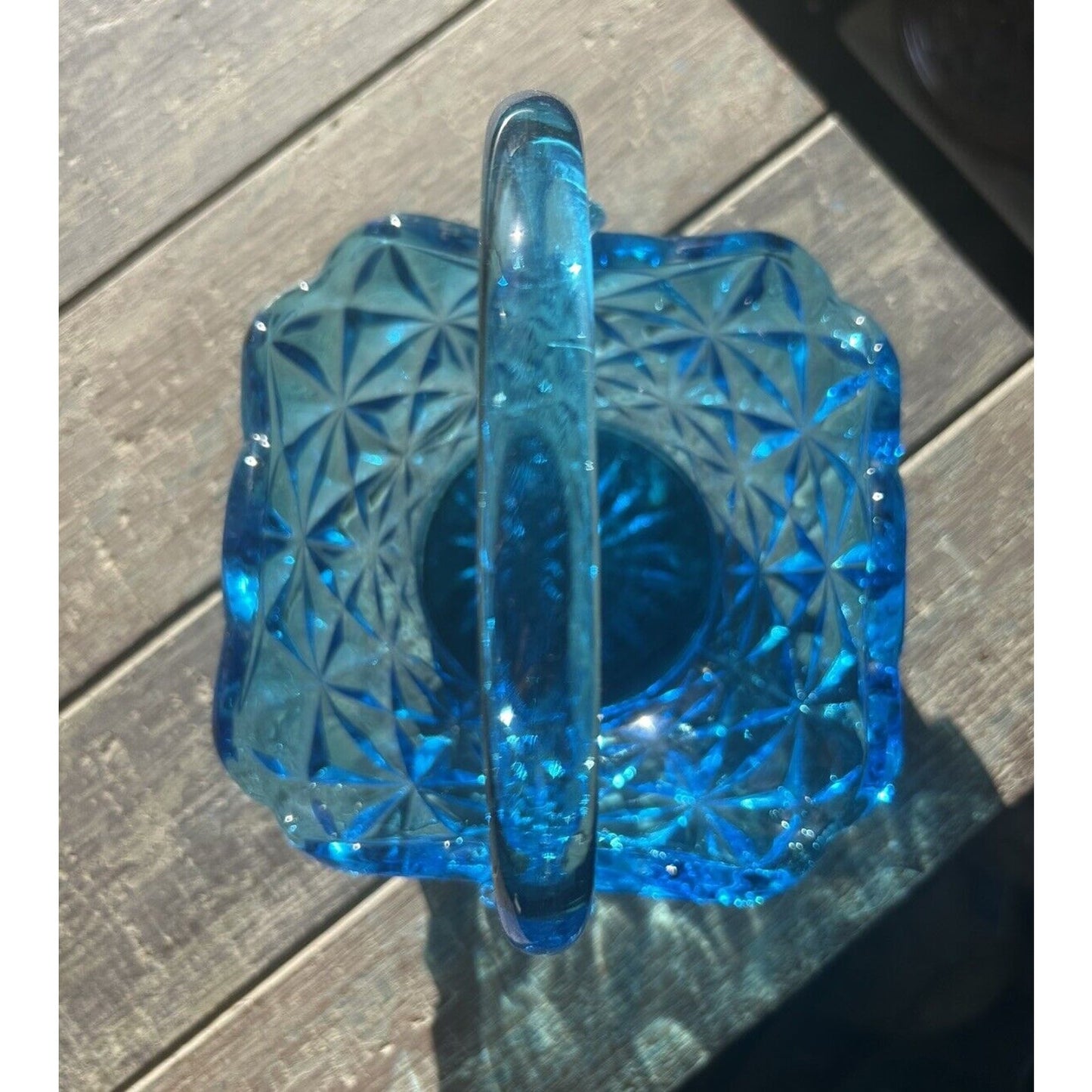 EUC Vintage Indiana Glass Monticello Aqua Blue Basket Handle 7" Easter Gift Art