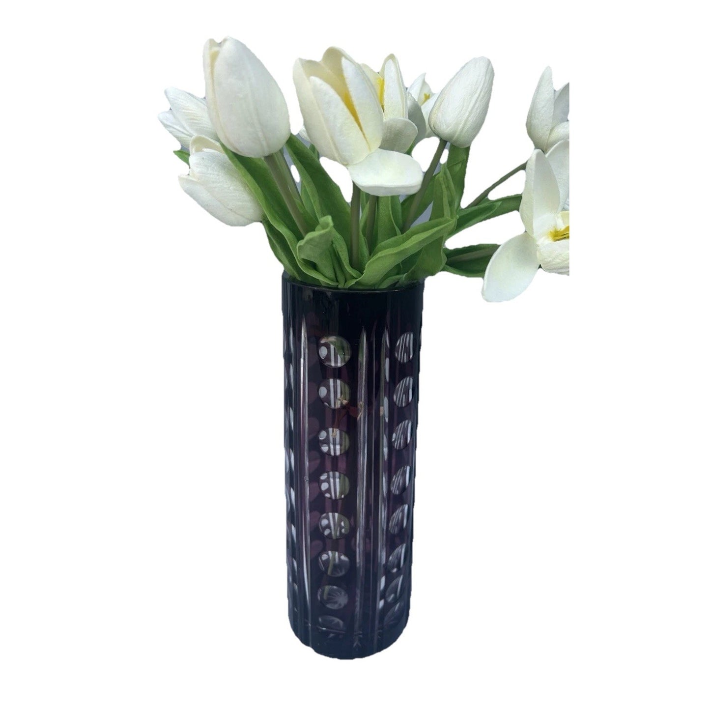 Vintage Purple Bohemian Tall Crystal Vase Amethyst 10” Tall Art Deco Geometric