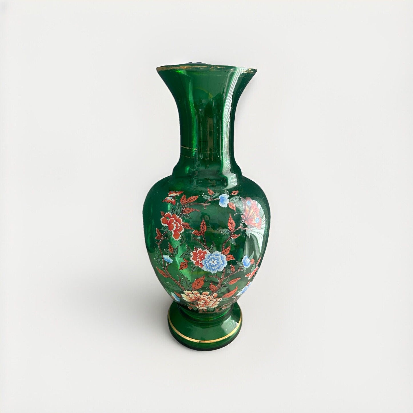 Norleans Large Green Glass Vase 16 " Gold Gilted Vintage Flowers Floral Design