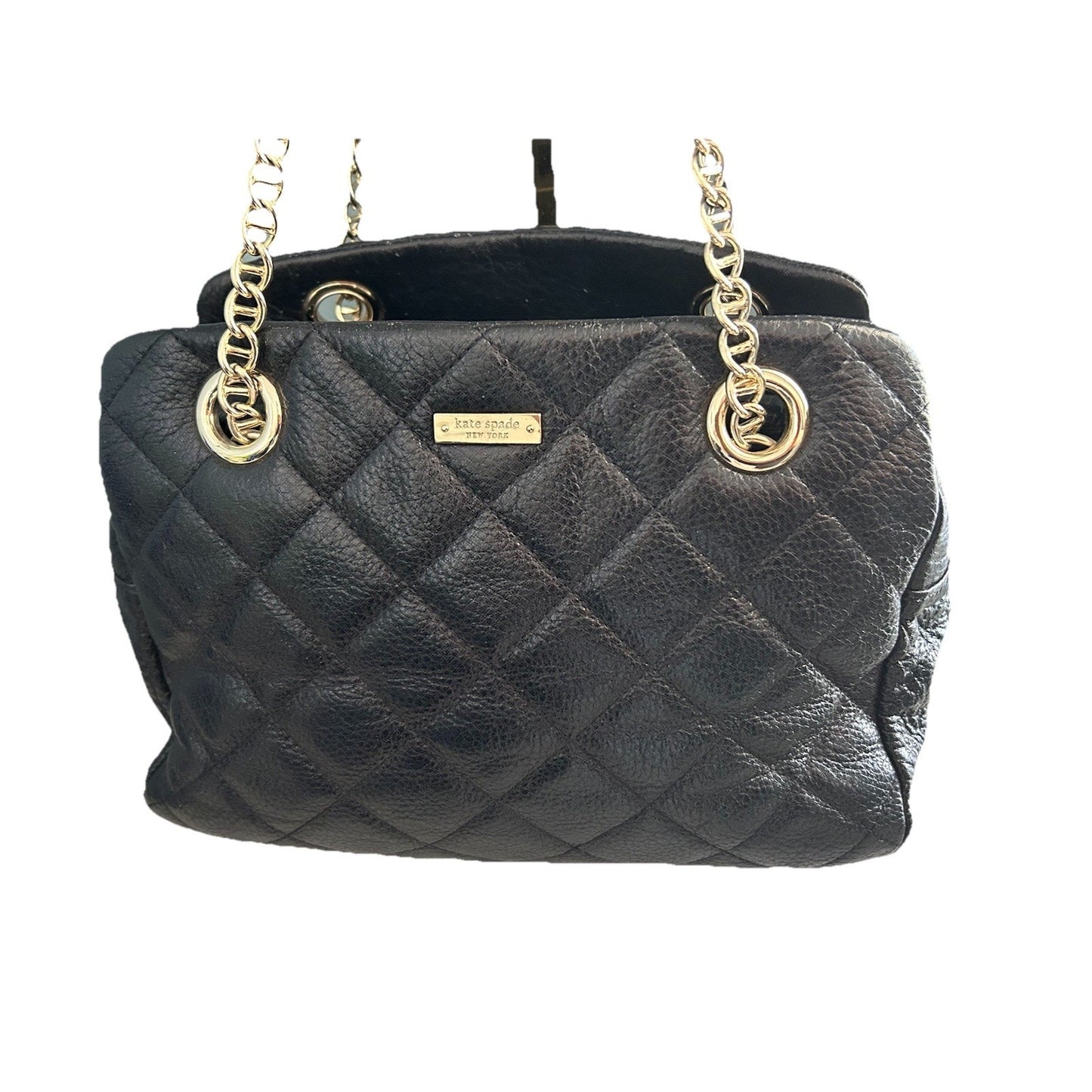 Kate Spade Black Metallic Quilted Leather Shimmer Bag Gold Chain EUC