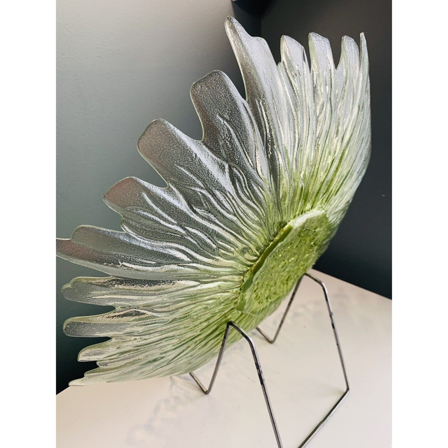 17” Green Flower Platter Hand Blown Art Glass Large Serving Tray Sunflower Heavy