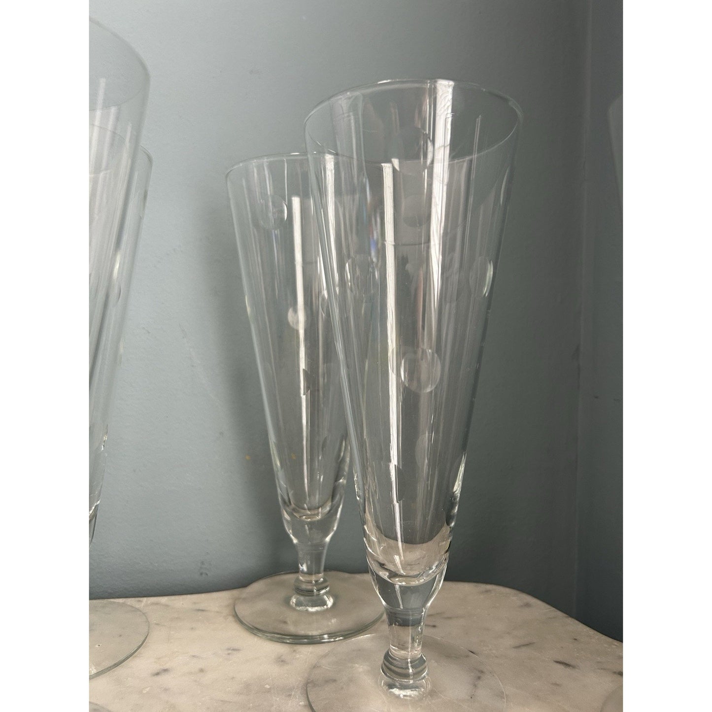 6 Hazel Arts Vintage Etched Polka Dot Champagne Glasses Pilsner Glass Coin