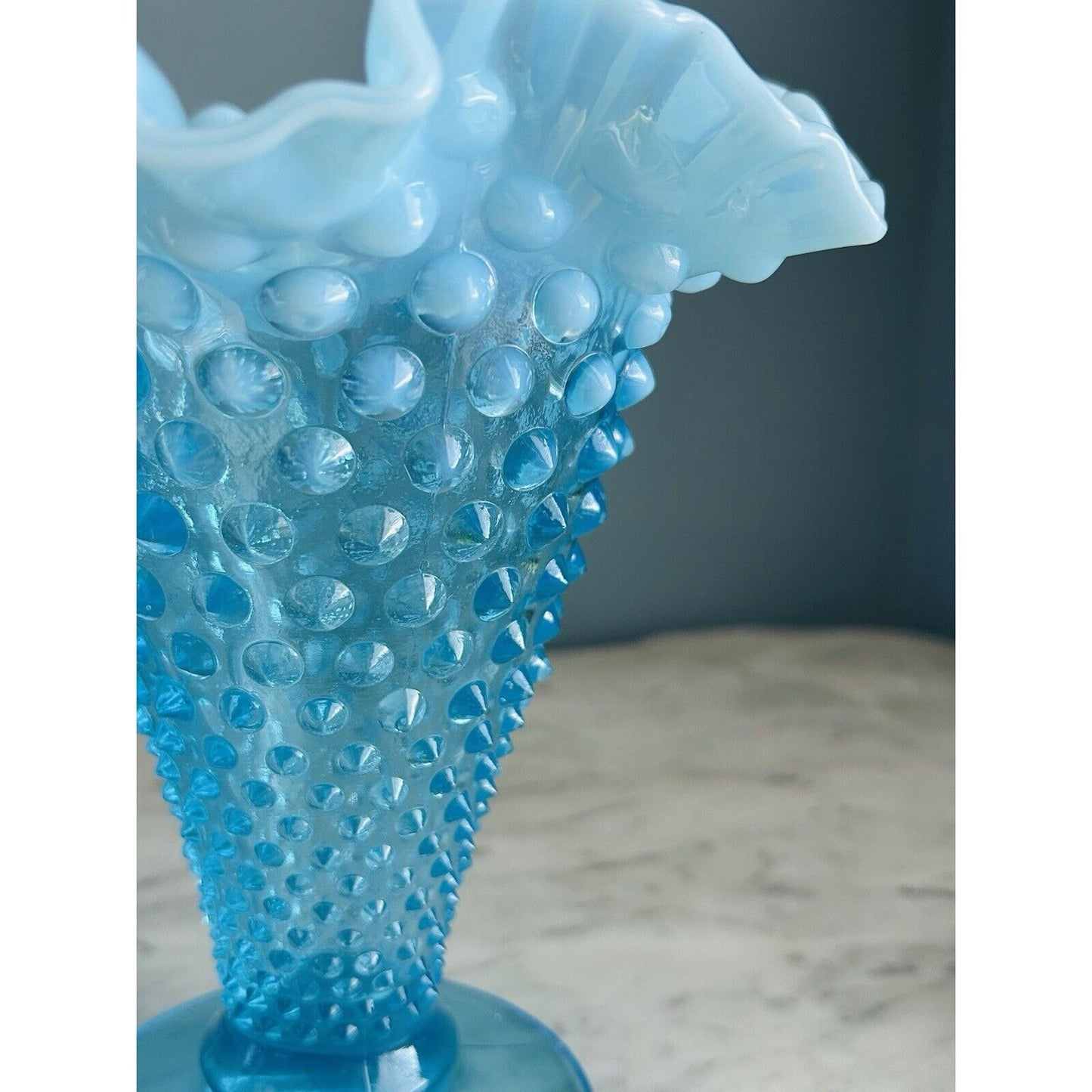 Vintage Fenton Aqua Blue Opalescent Glass Hobnail 8” Ruffled Cone Shaped Vase