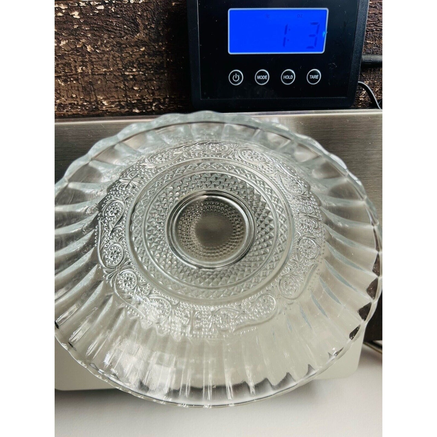 KIG Malaysia Fleur de Lis Pressed 7 1/4” Glass Trellis Serving Bowl Fluted Edges
