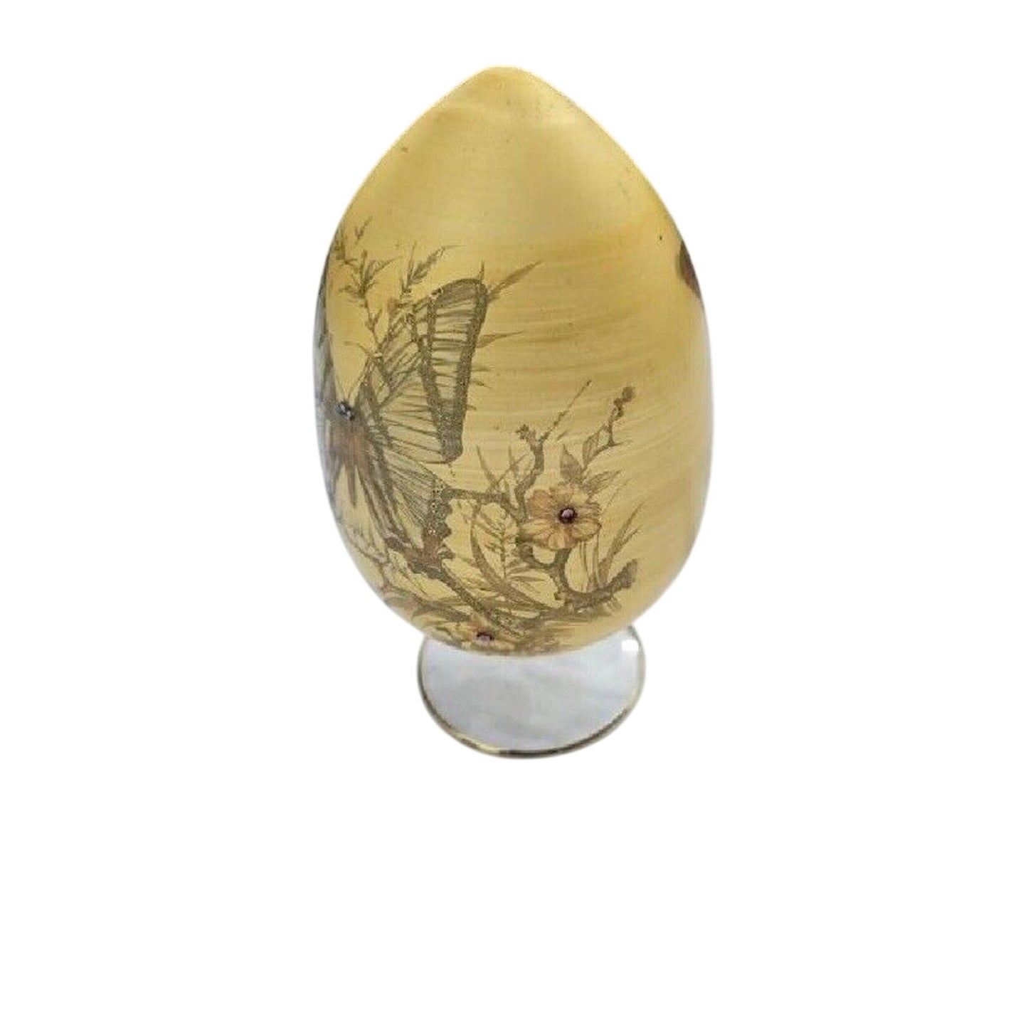 Butterfly Egyptian Glass Egg On Stand Gemstones Yellow Hand blown Hand Crafted
