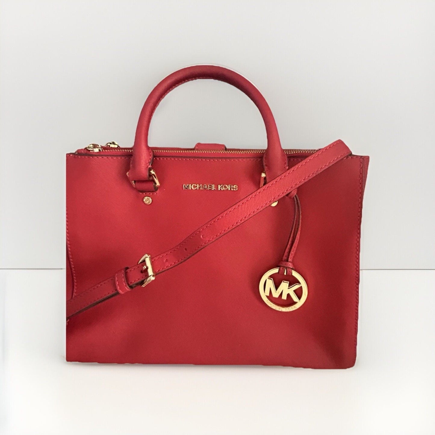 Michael Kors Sutton Red Satchel Saffiano Leather Structured Crossbody Bag MK 328
