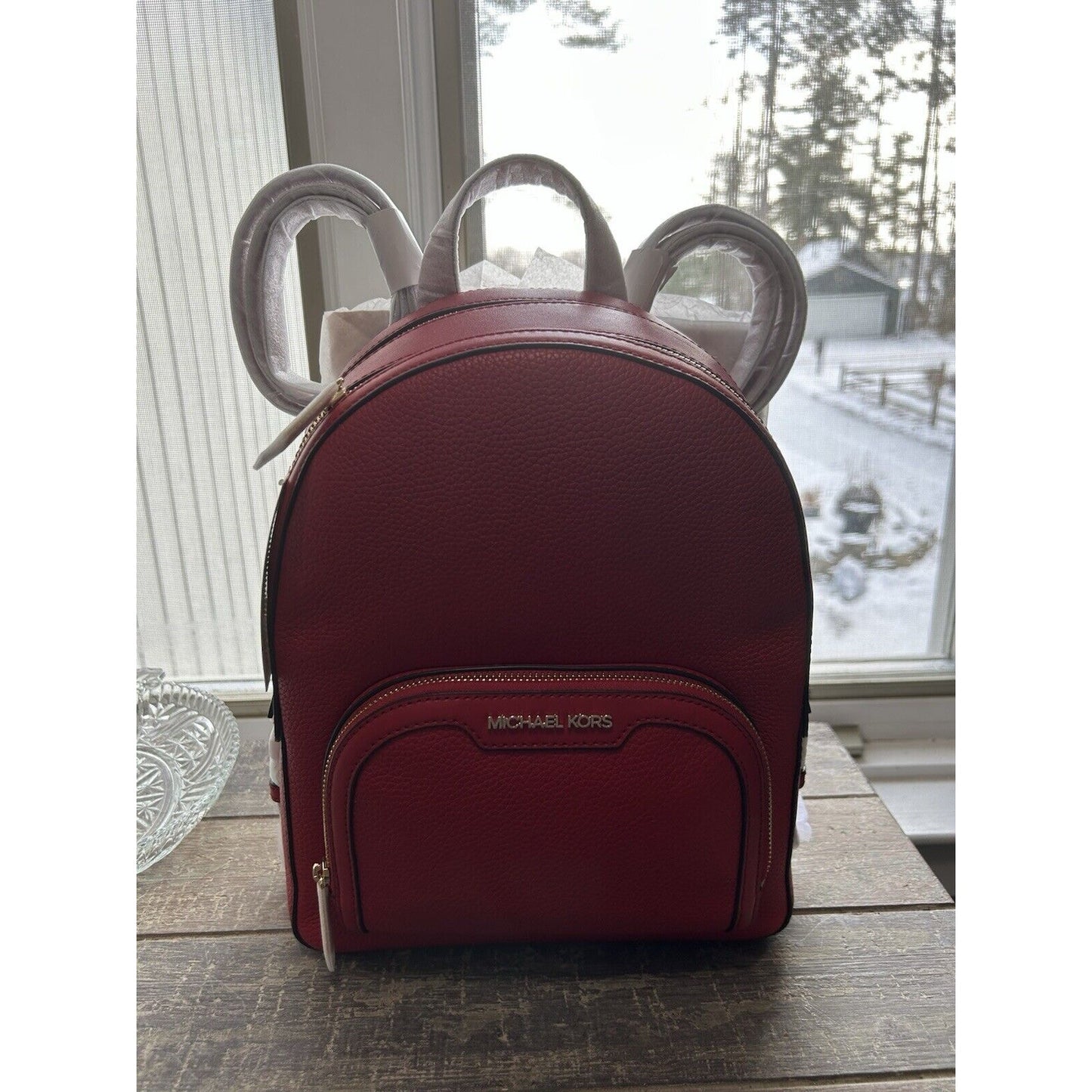 NWT Michael Kors Jaycee Medium Zip Pocket Backpack Leather Bright Red MSRP $498