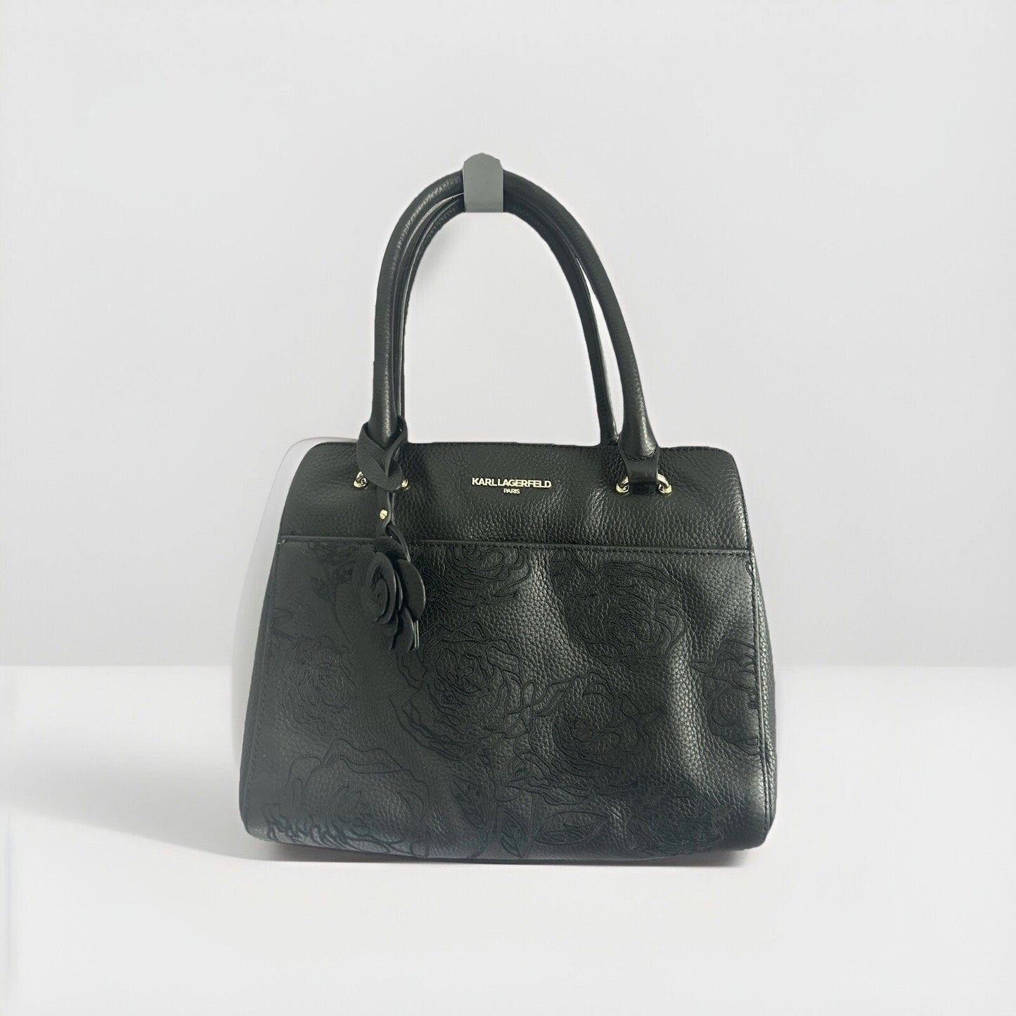 Karl Lagerfeld Black Leather Floral Stitched Bag Embroidered Flower Handbag Paris