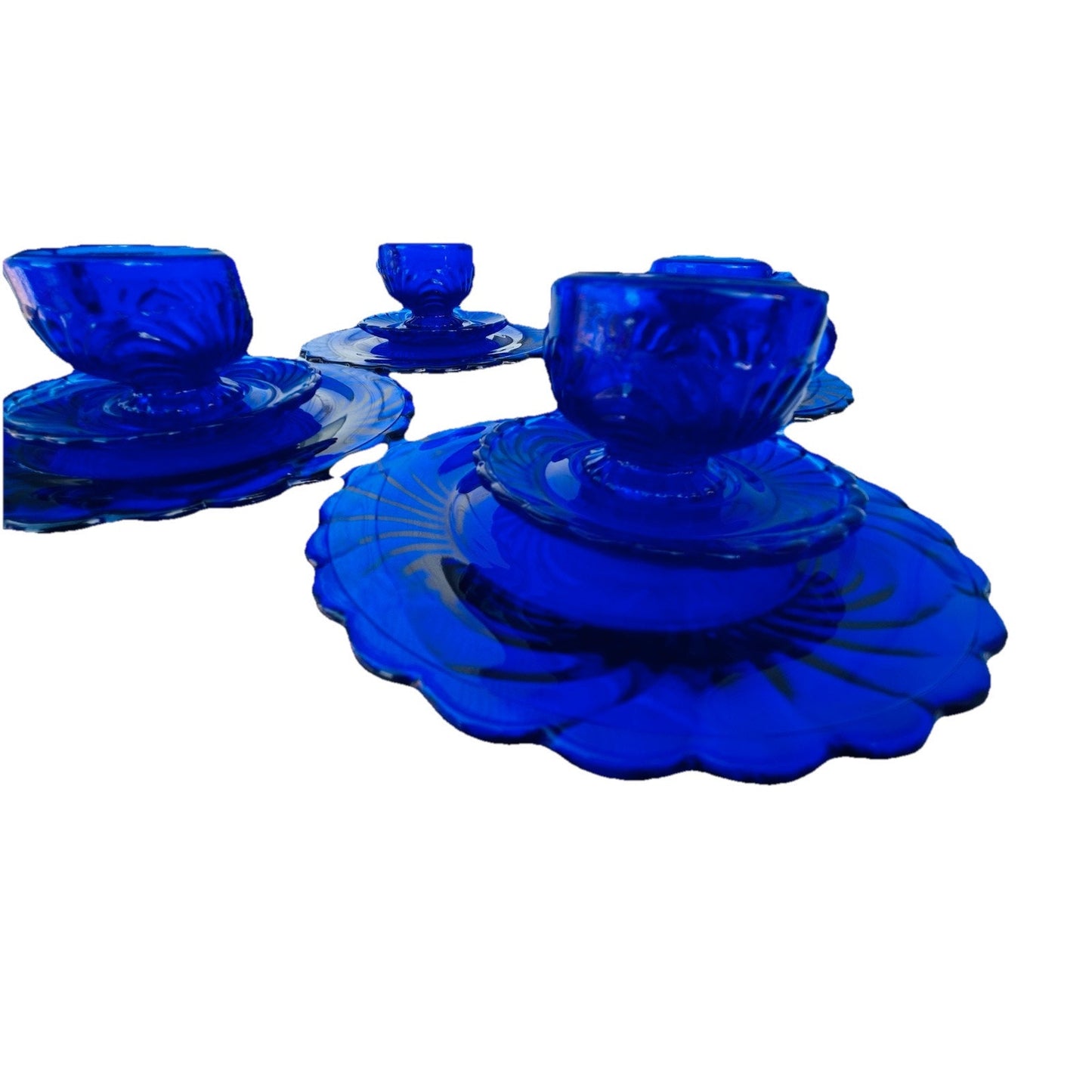 Vintage Doll Size Place Setting Cobalt Blue Glass 4 Plates 4 Teacups 4 Saucers