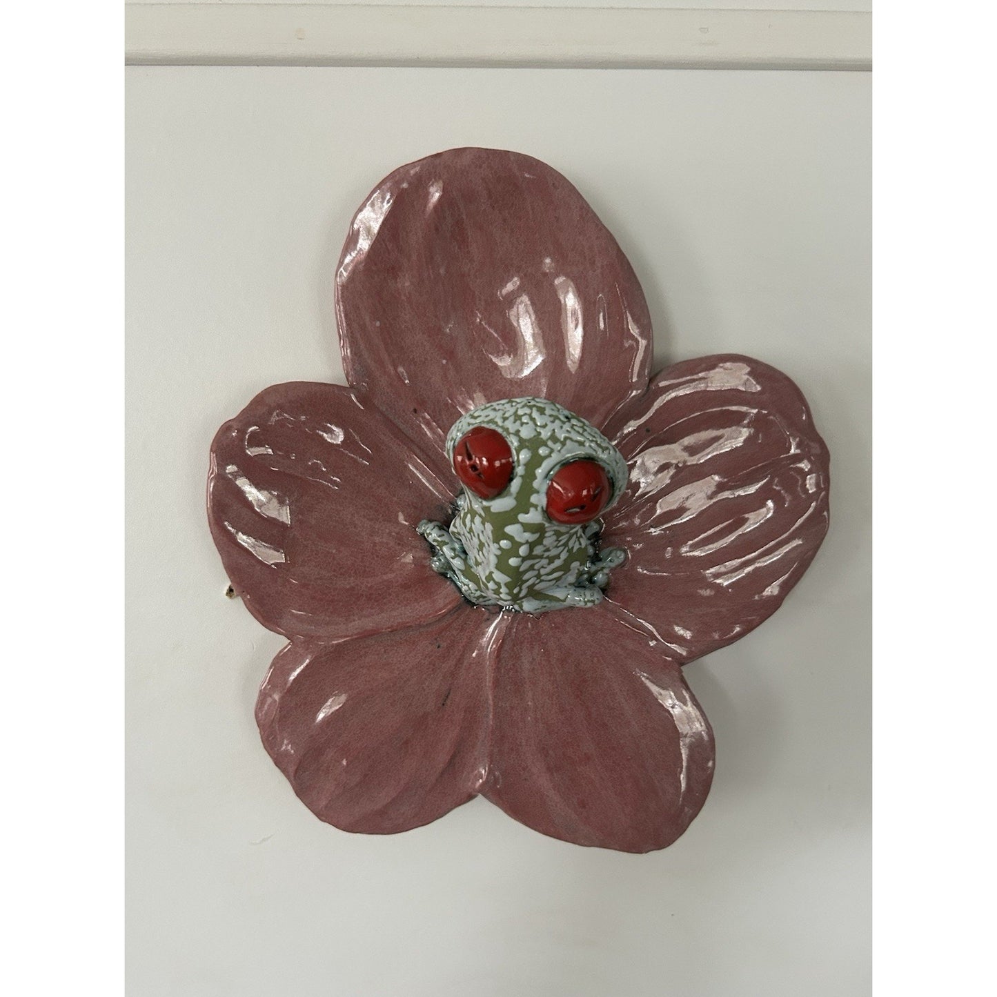 Frog Pink Flower Hanging Wall Decor Lid Hand Made Pottery Leaf Tree Frog Red Eye