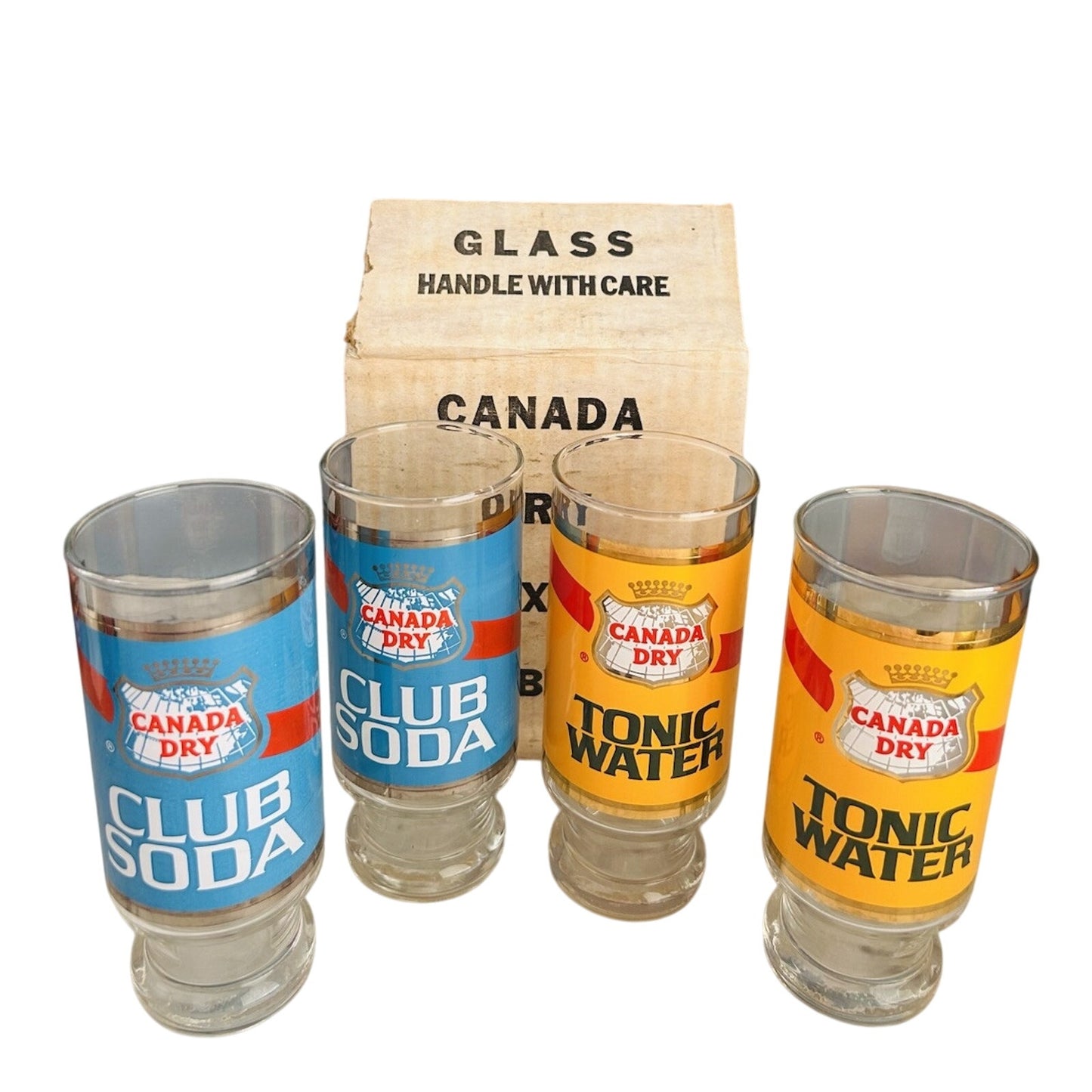 Canada Dry Club Soda Tonic Water 7” Glass Tumblers Vintage NIB New Old Stock