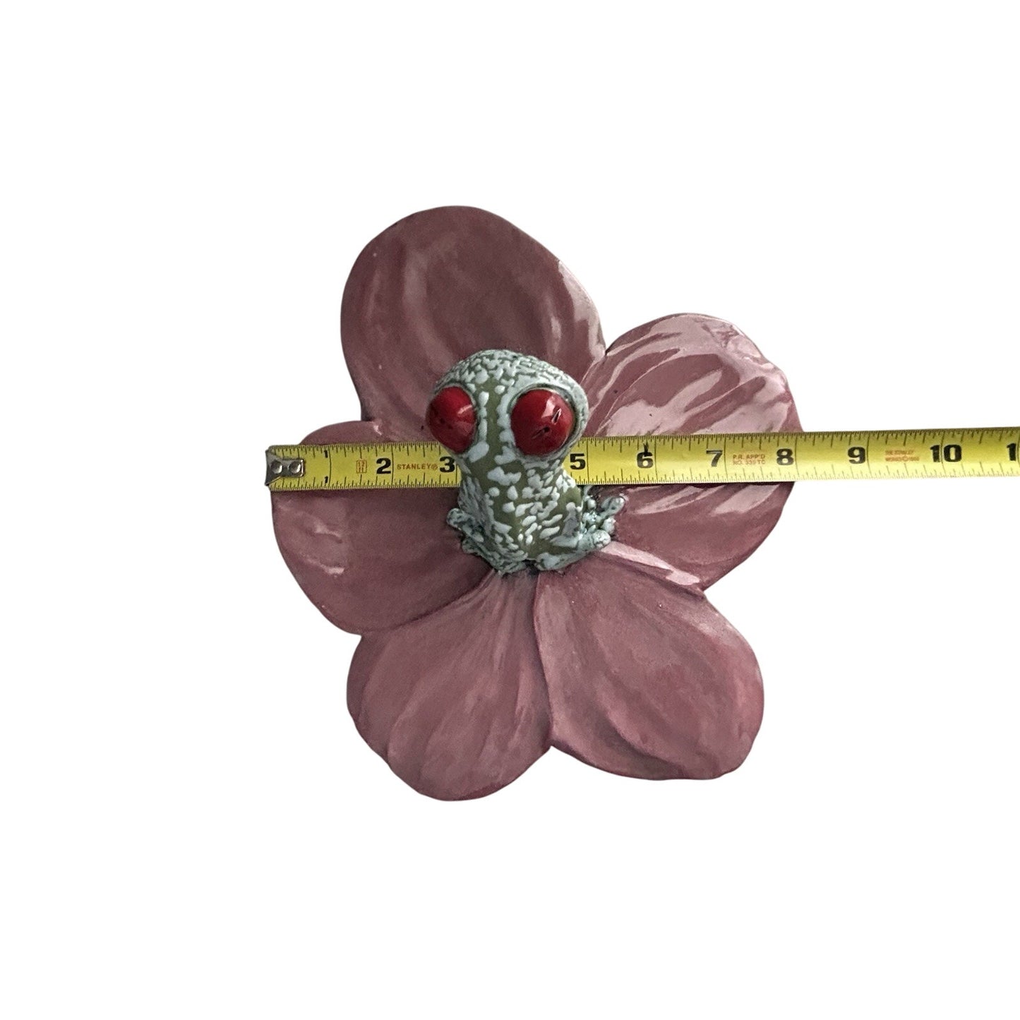 Frog Pink Flower Hanging Wall Decor Lid Hand Made Pottery Leaf Tree Frog Red Eye