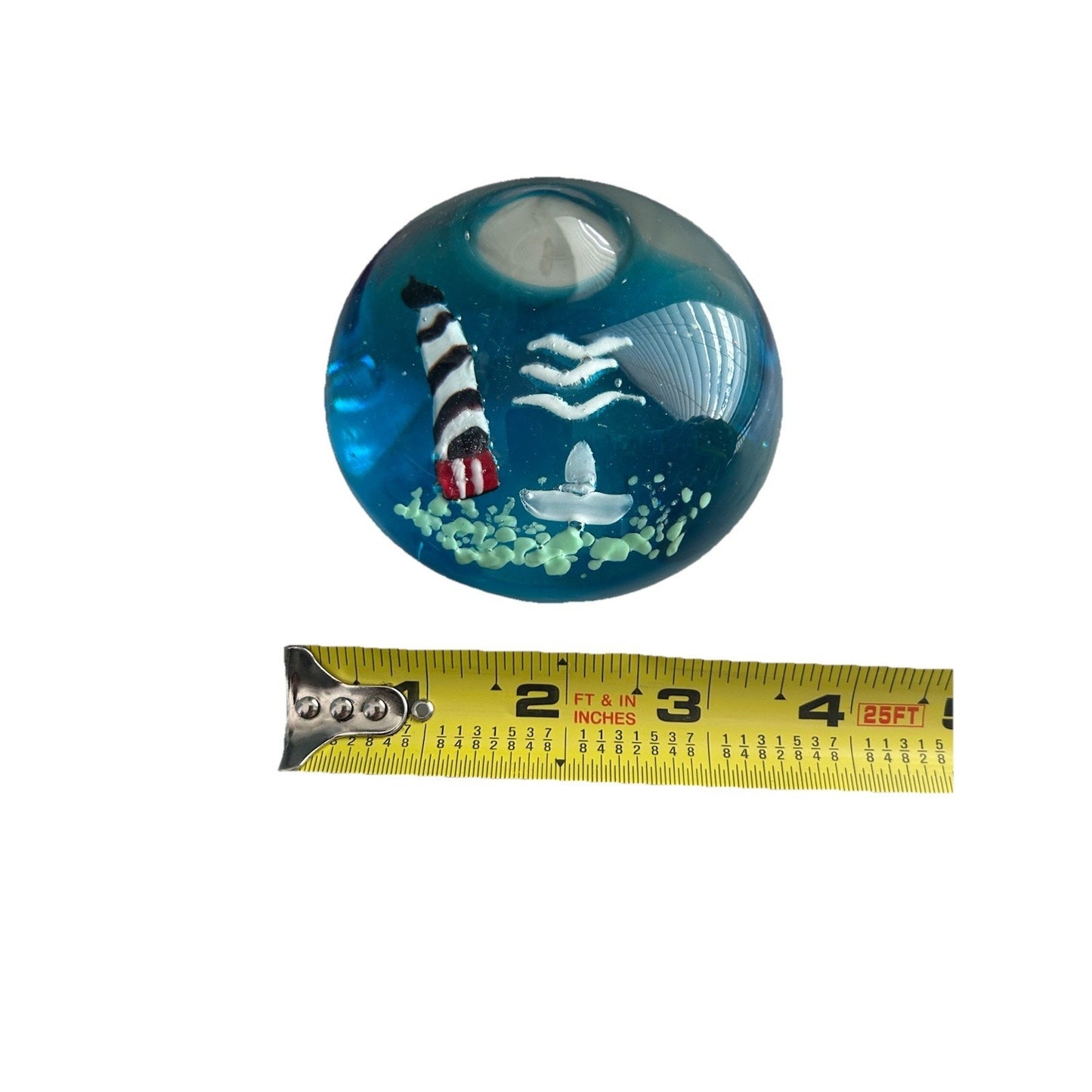 Glass Paperweight Nautical Beach Theme Home Decor Lighthouse Boat Blue Sky Birds
