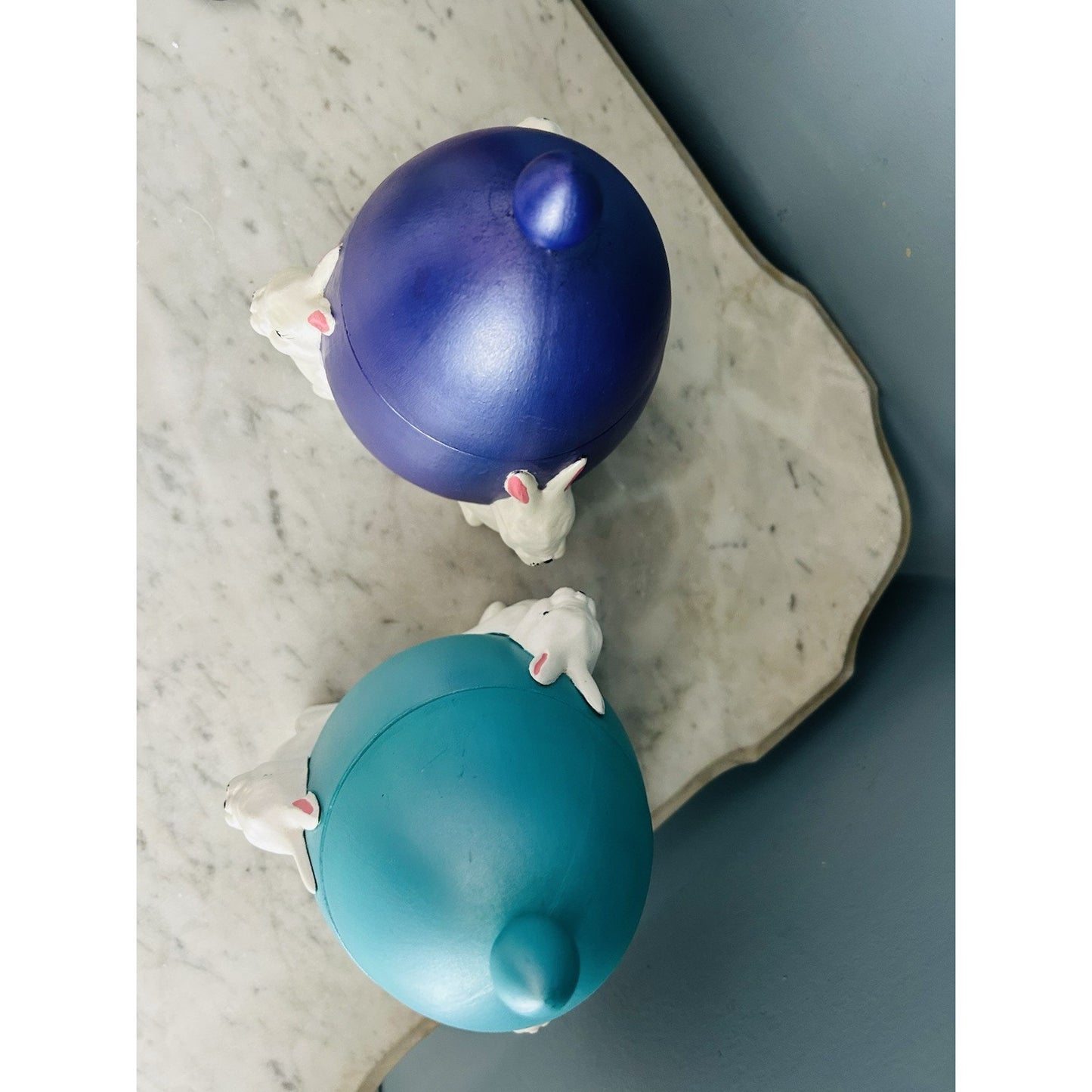 (2) 1960s Ceramic Easter Egg Candy Jar Hand Painted Bunnies Rabbits Purple Teal