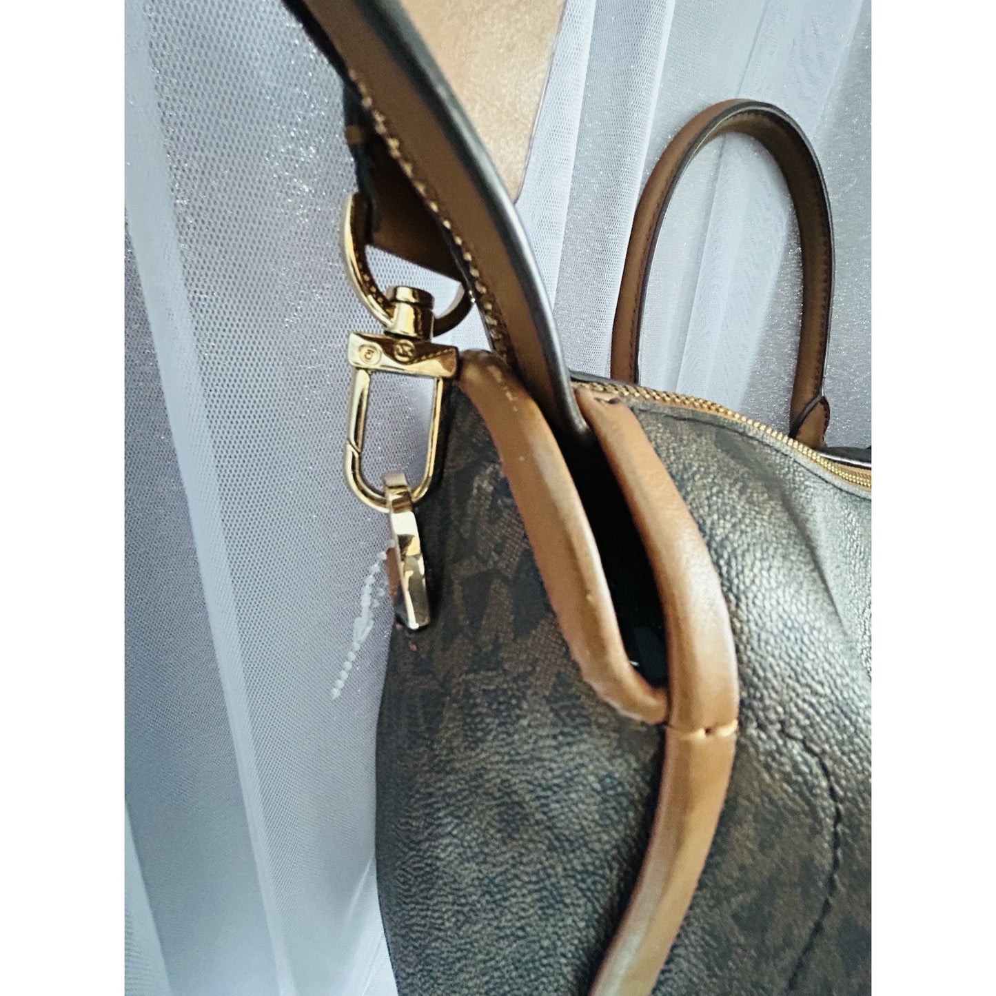 Michael Kors Carine Medium Brown Acorn Gold Satchel Handbag Handle MK Logo