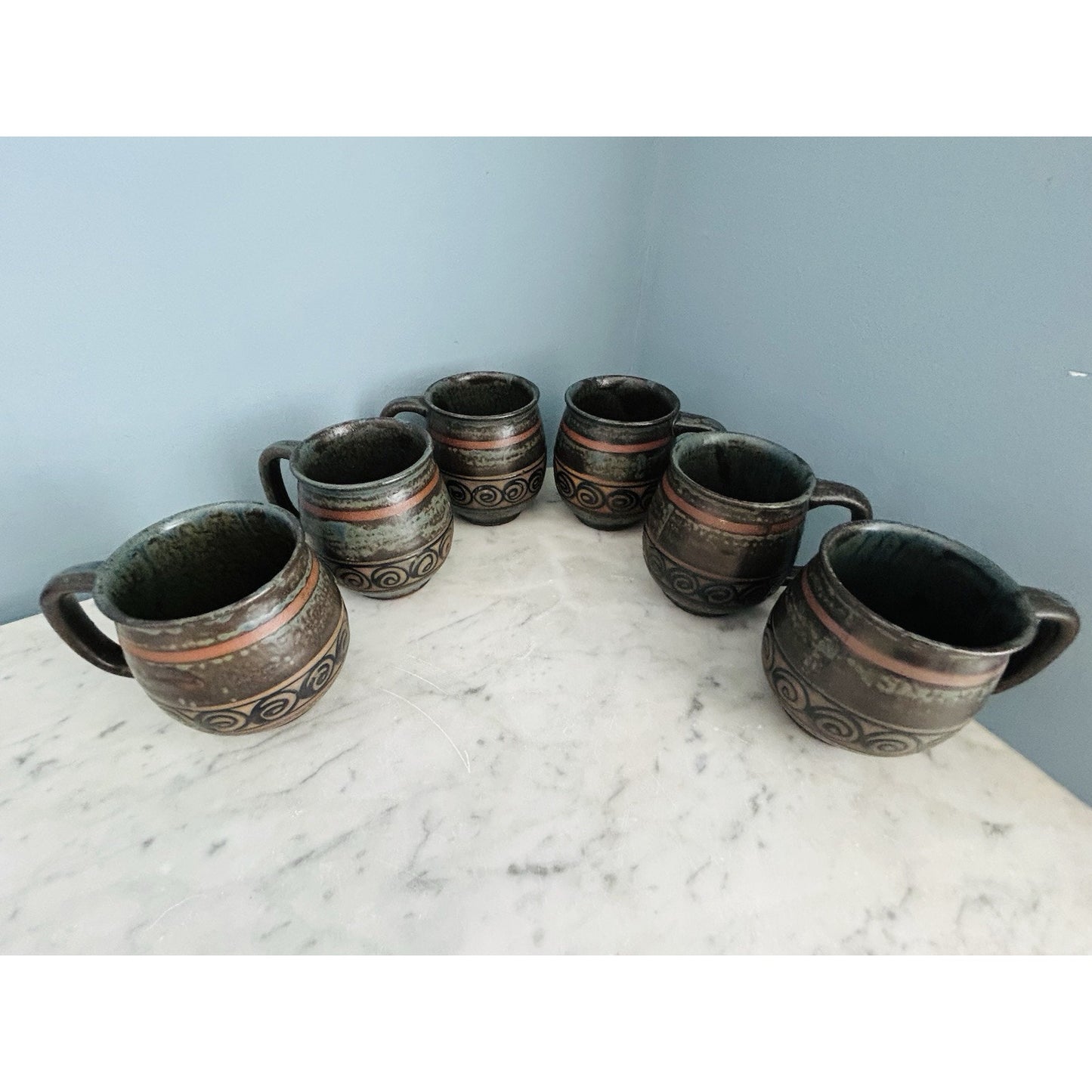 6 Vintage Japan Potbelly Coffee Mugs Mottled Glaze Stoneware Textured 12 oz